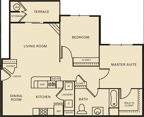 Floor plan for 2 beds, 1 bath, 1071 sqft